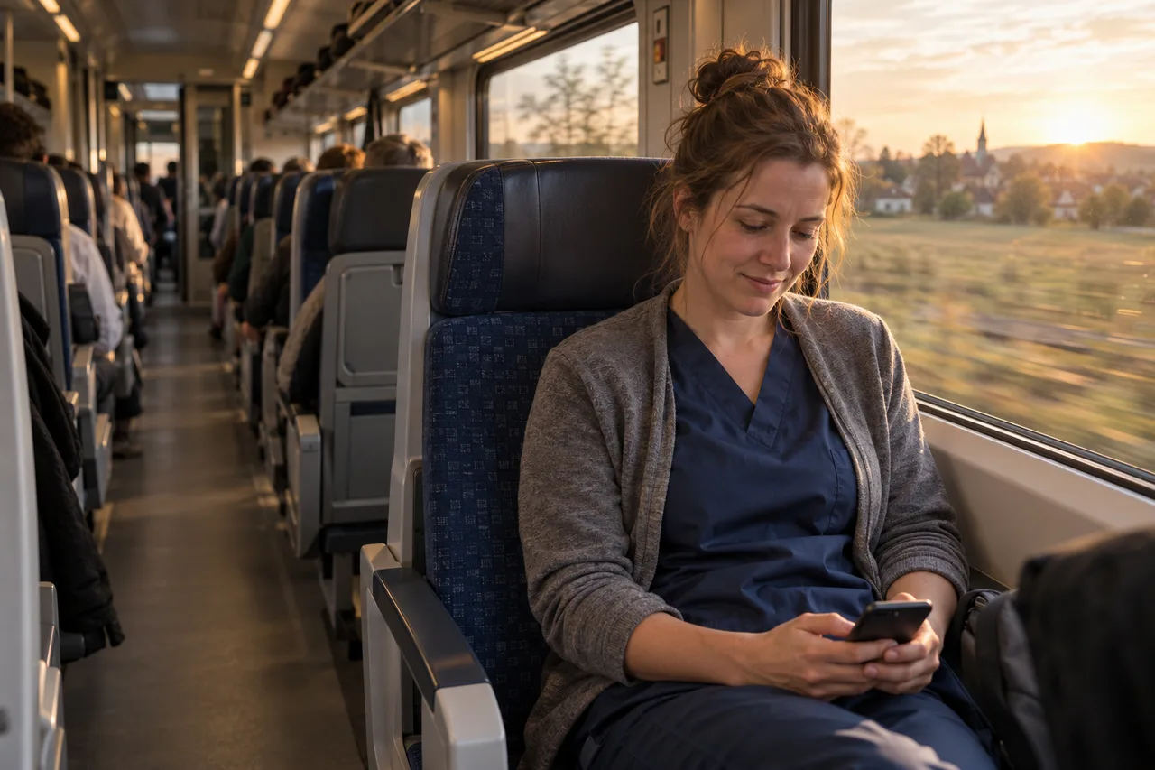 Krankenpflegerin am Fensterplatz einer Regionalbahn, Abendlicht, sie schaut entspannt auf ihr Handy
